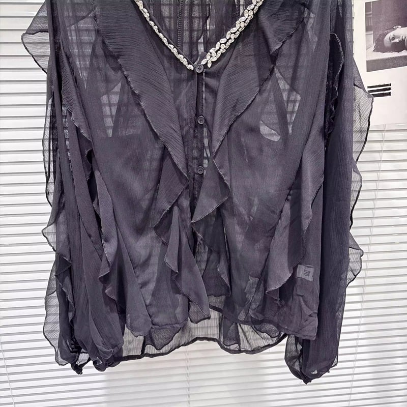 【tops】Vネックフレアシフォンシャツ Q8105