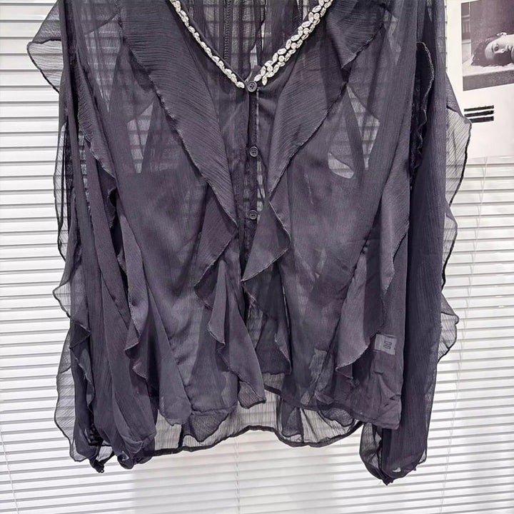 【tops】Vネックフレアシフォンシャツ Q8105