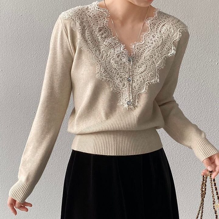 【tops】Vネックレースドッキングニットトップス Q7241