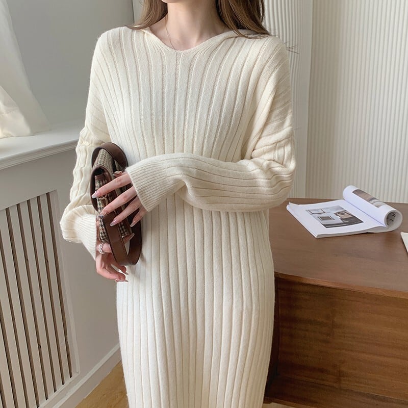 【dress】韓国系シンプルフード付きニットワンピース　M17494