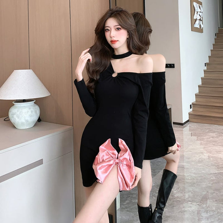 【dress】細身効果抜群♪リボン付きデートワンピース　M17538