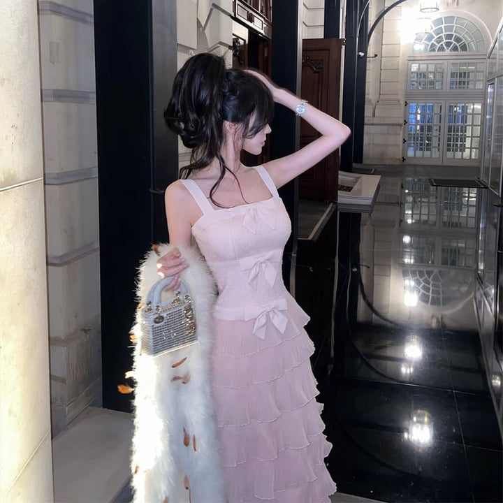 【dress】リボン付きティアードキャミワンピース Q7679