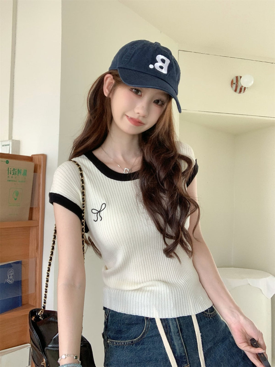 【tops】リボン刺繍ニットTシャツ　M25106