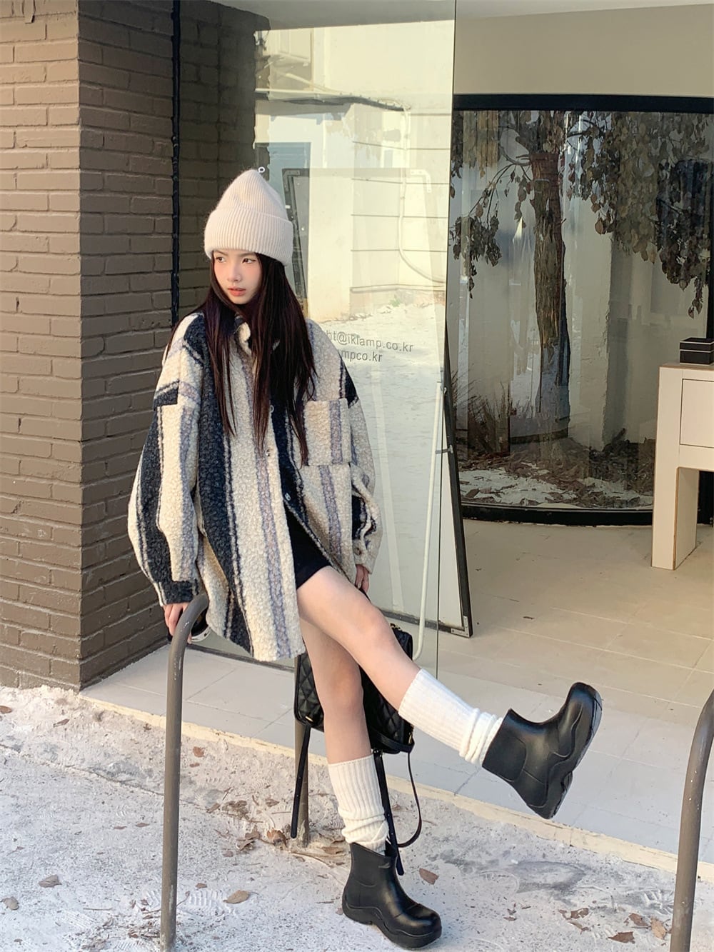 【outer】ストライプ柄配色コート　M27366