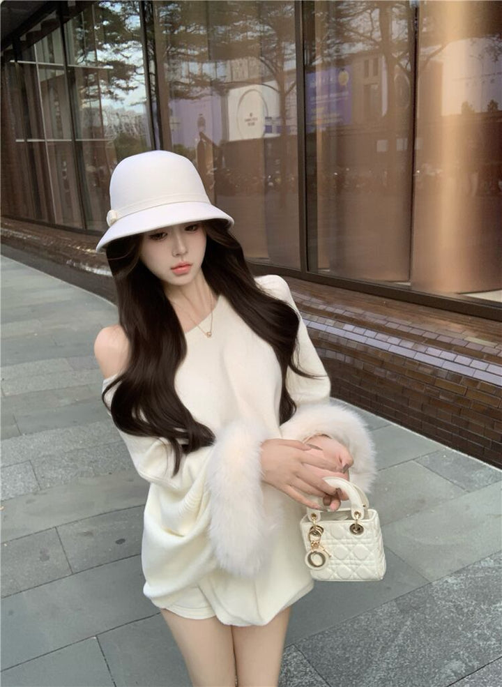 【tops】袖ファーオフショルダーニットトップス　M27715