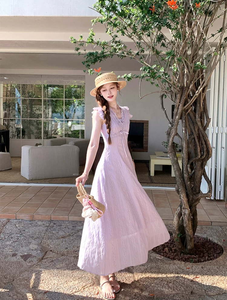 【dress】レースドッキングフラッタースリーブロングワンピース Q8531