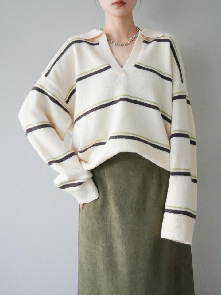 【tops】Ⅴネックボーダー柄ニットトップス N3430