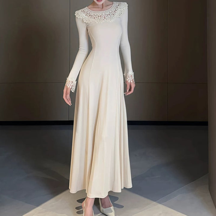 【dress】カットワークレースドッキングロングワンピース Q7349