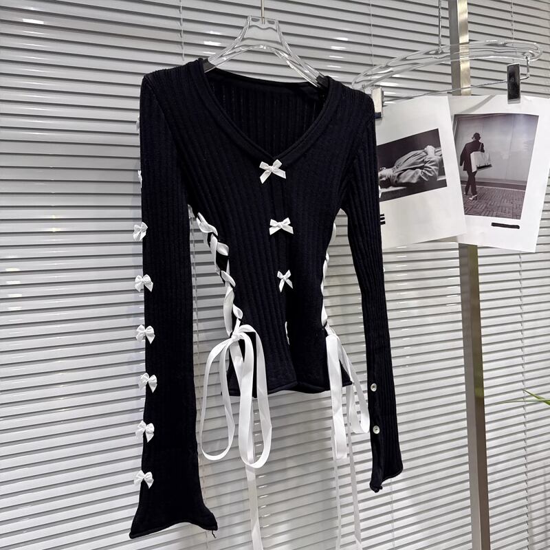 【tops】リボン付きニットトップス Q7892