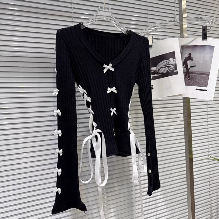 【tops】リボン付きニットトップス Q7892
