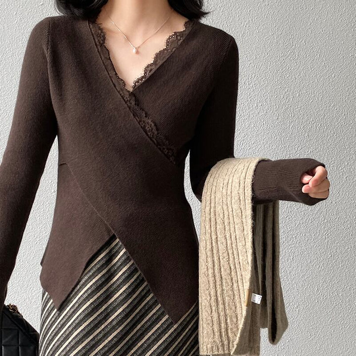 【tops】レース付きクロスニットトップス Q7238