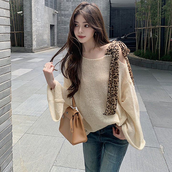 【tops】ヒョウ柄ショルダーリボンニットトップス　N3333