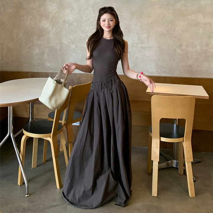 【dress】ノースリーブフェイクレイヤードロングワンピース Q8500