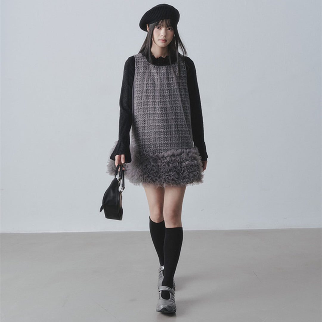 【dress】チュールフリルツイードノースリーブミニワンピース　N3523