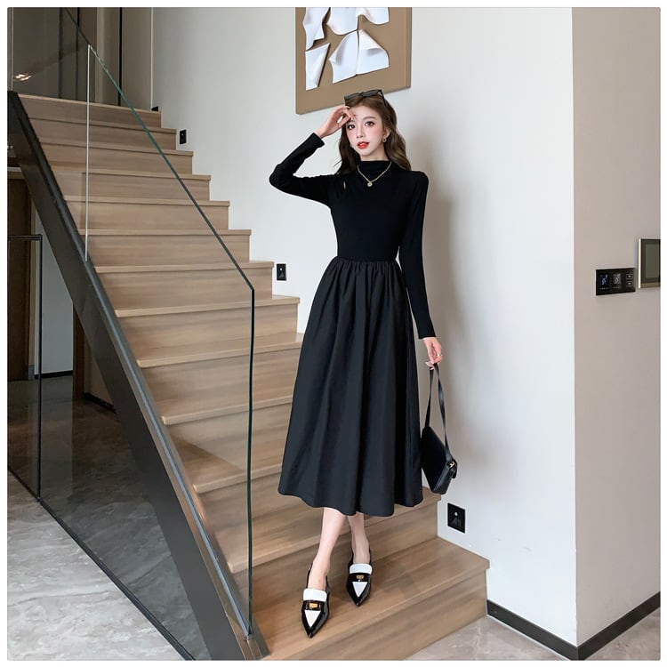 【dress】ドッキング無地ワンピース　M18295