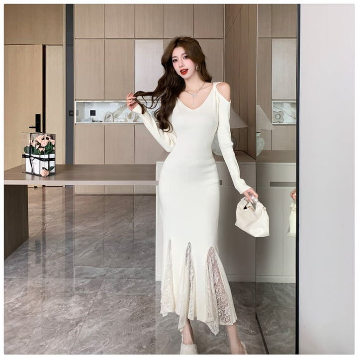 【dress】レースドッキングニットワンピース　M26551