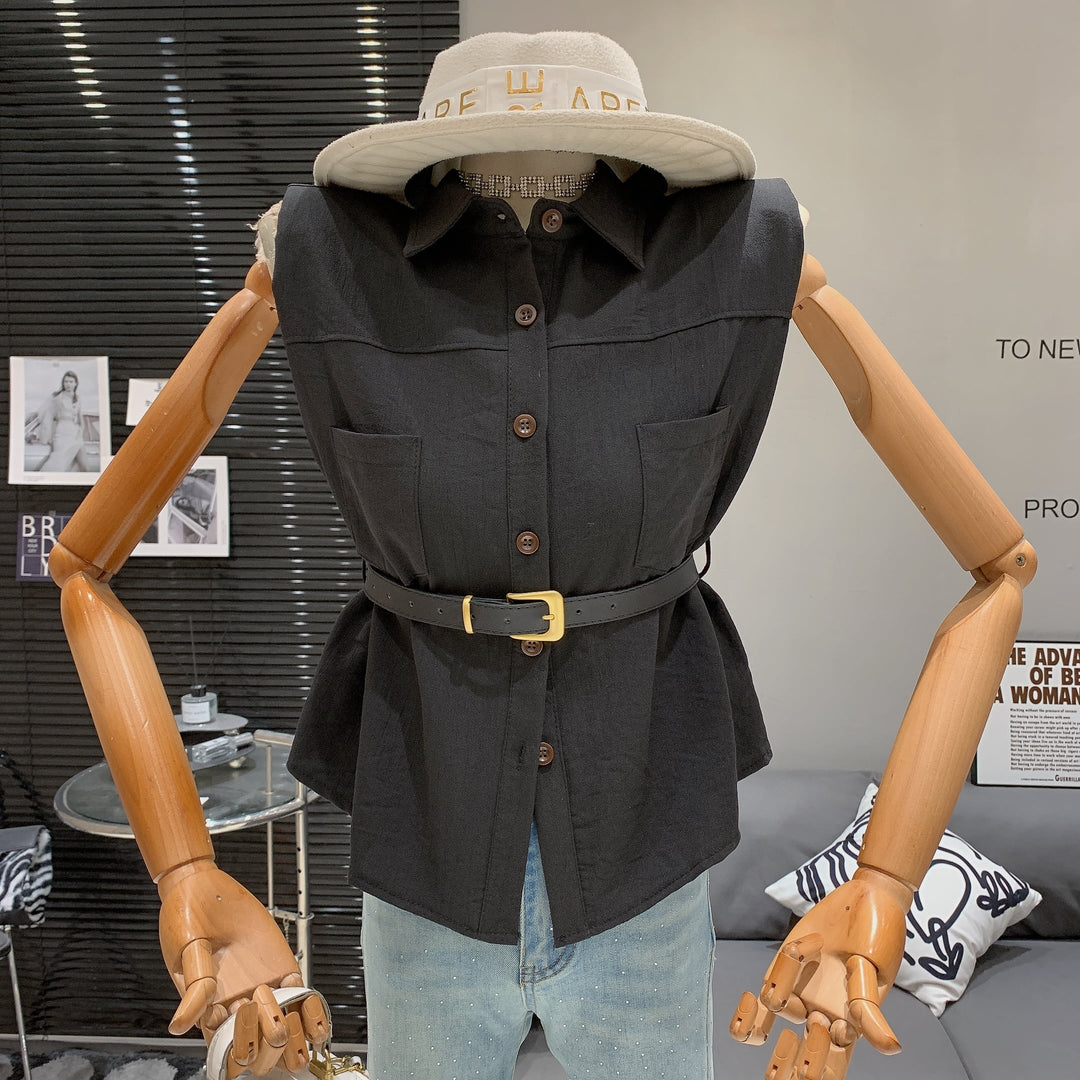 【tops】POLOネックノースリーブシャツトップスベルト付き　M25014