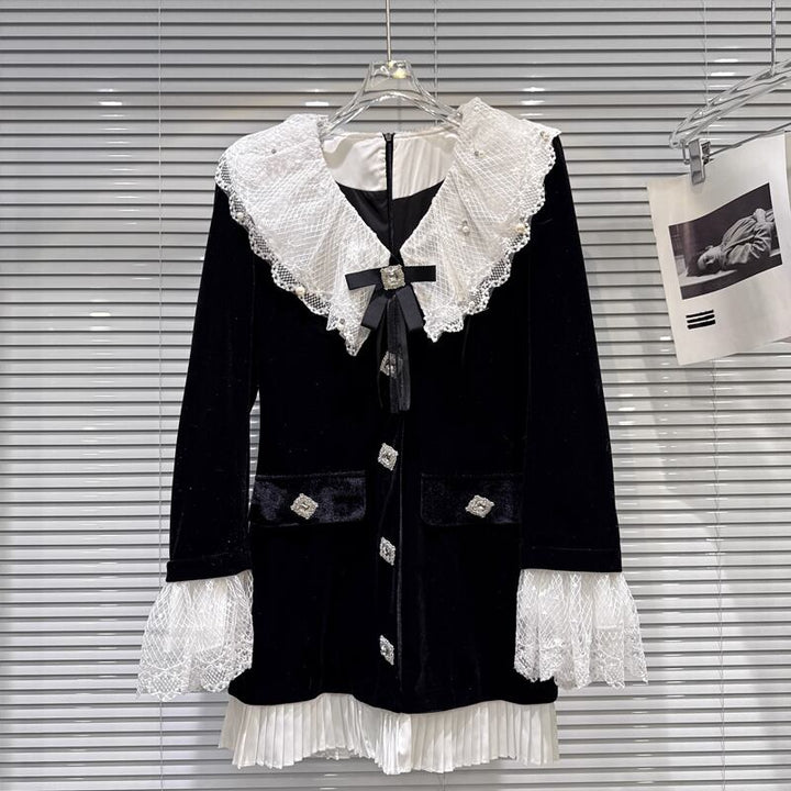 【dress】レースドッキングベルベットワンピース Q7339