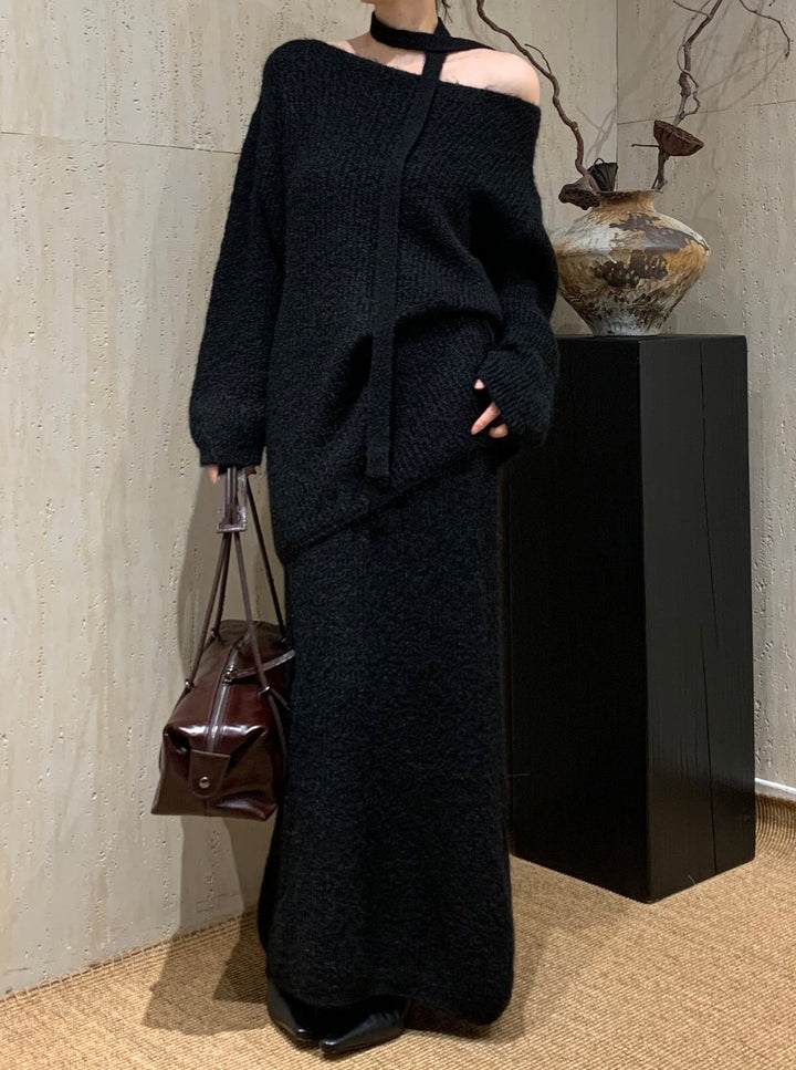 【set】チョーカー付ニットトップス×ロングスカートセット　N2774