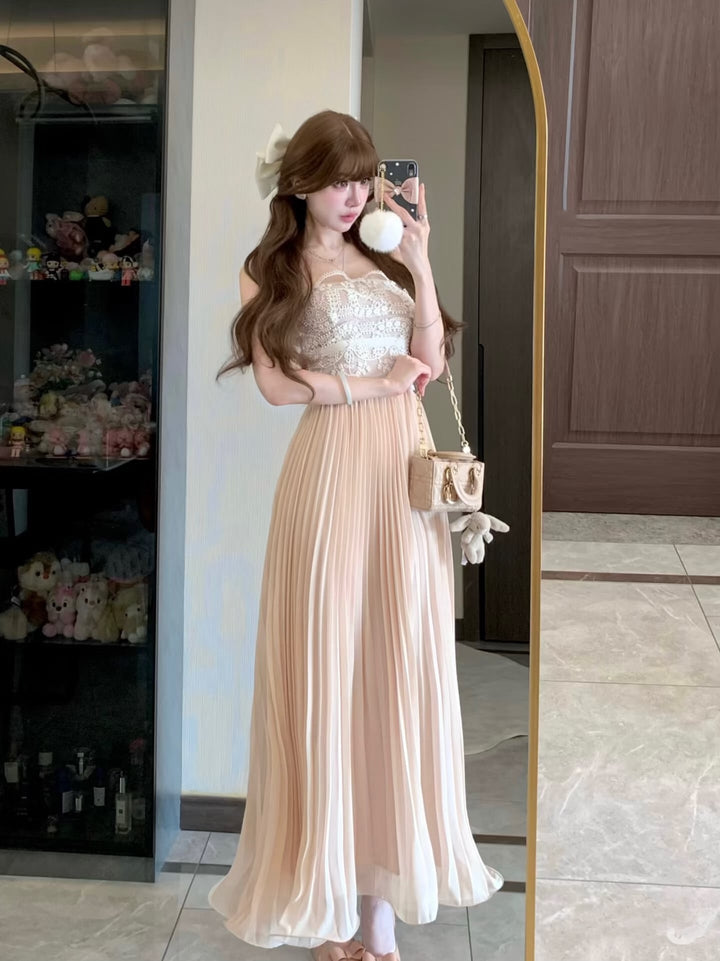 【dress】レースドッキングプリーツロングワンピース N3526