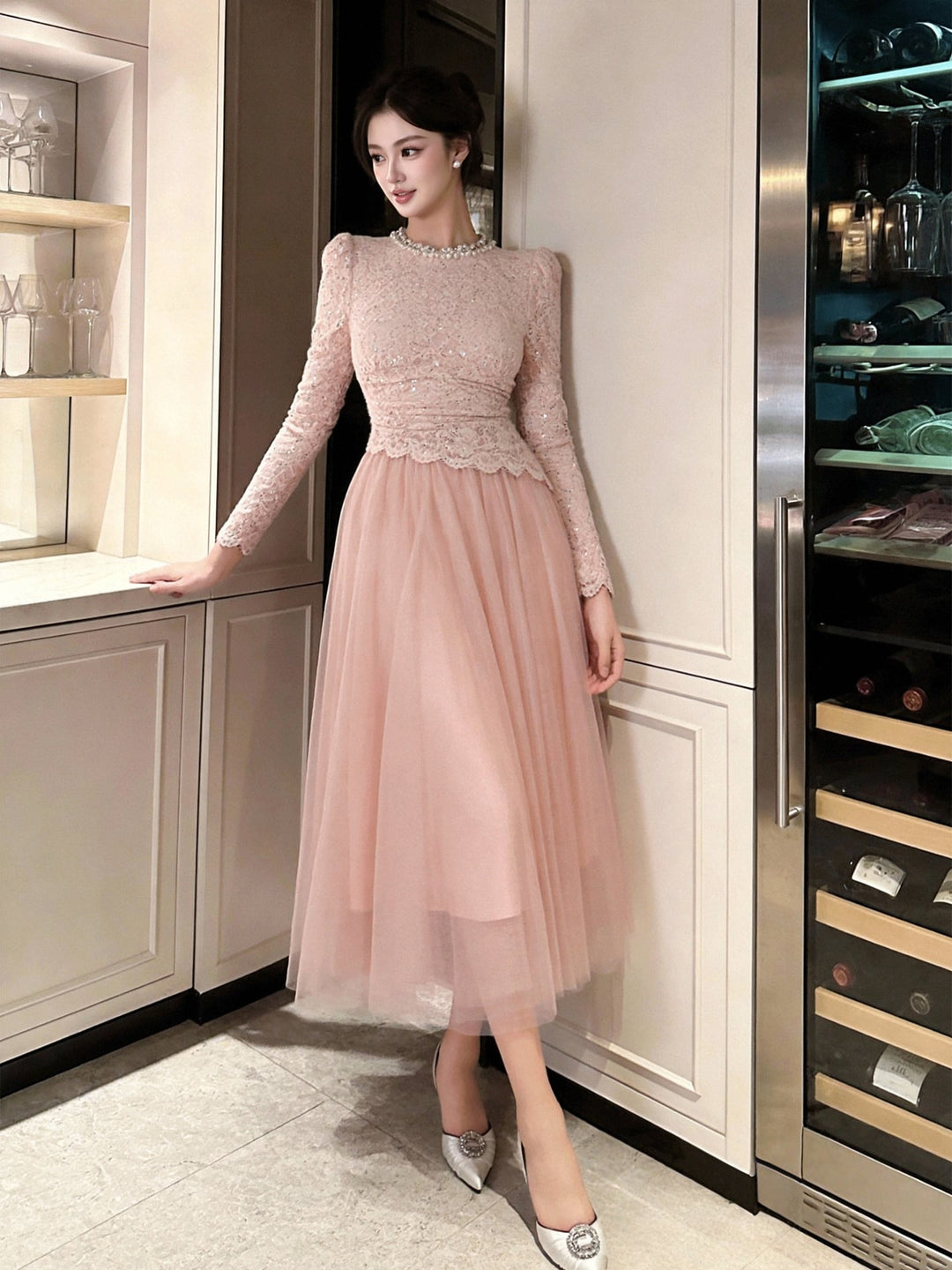【dress】ビーズ付きレースドッキングワンピース Q8495