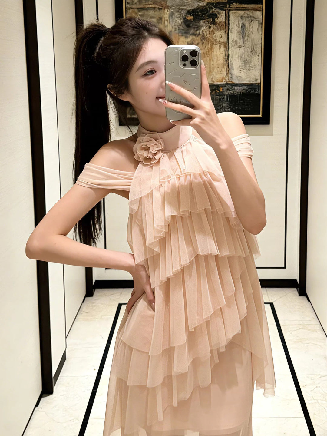 【set】チュールティアードミニワンピース×ロングスカートセット     N3583
