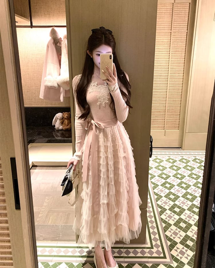 【dress】レース付きニットドッキングチュールワンピース Q7646
