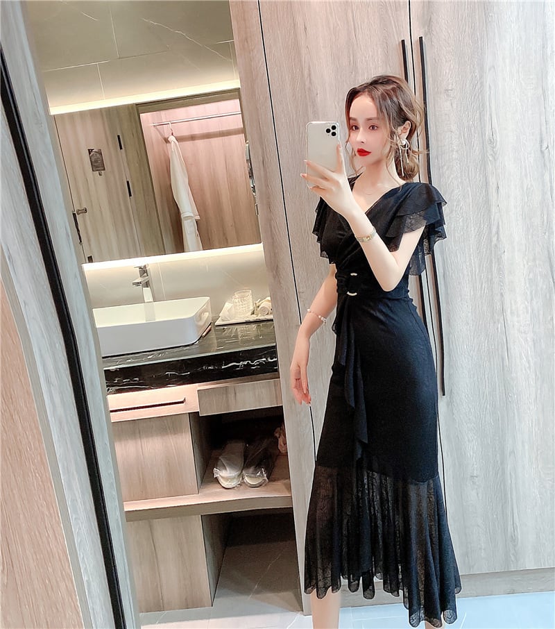 【dress】美人度アップVネックマーメイドワンピース　M17020