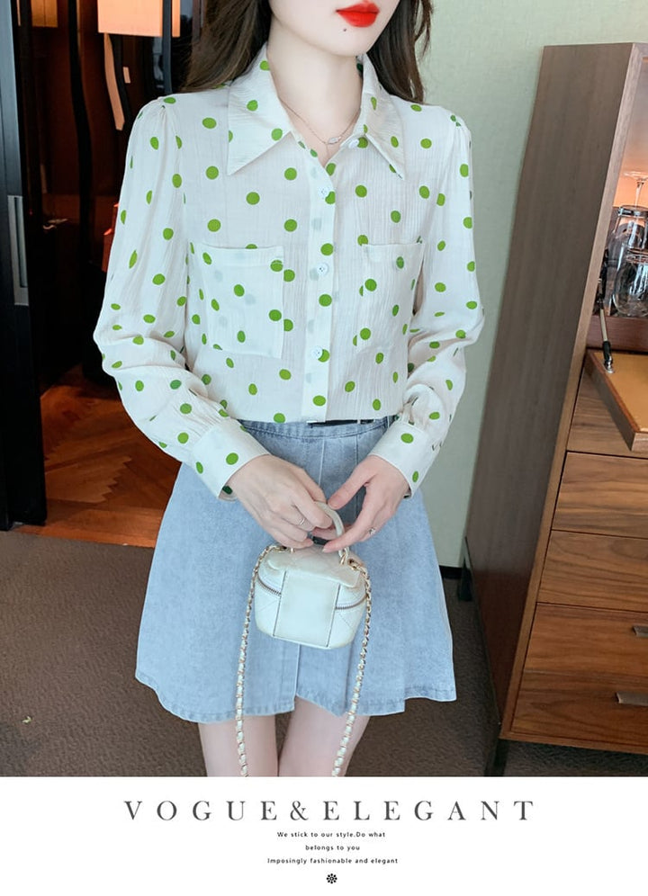 【tops】POLOネックドット柄シャツトップス　M17373