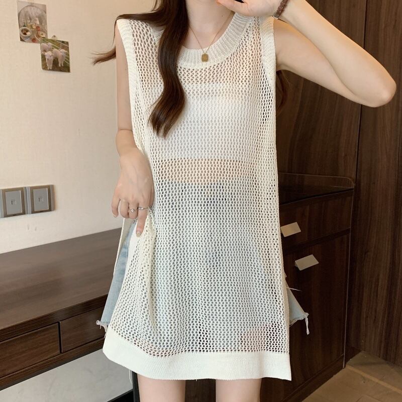 【tops】透け感ロングニットベスト Q8236
