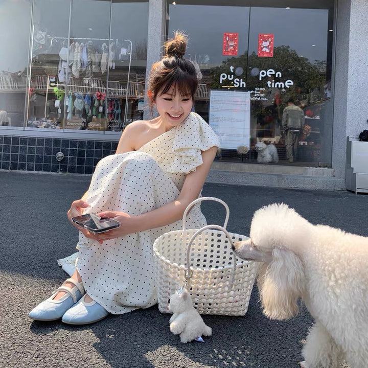 【dress】ワンショルダーリボンドット柄ワンピース　N3045