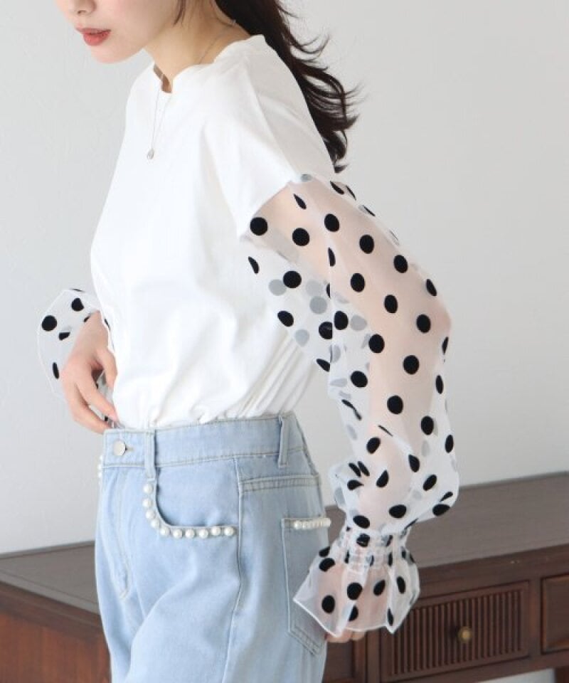 【tops】チュール切り替え長袖Tシャツ　M22604