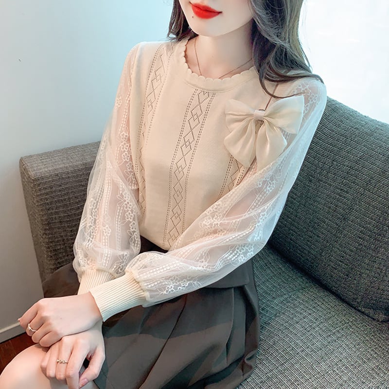 【tops】優しい雰囲気リボン付きレース切り替えトップス　M17185