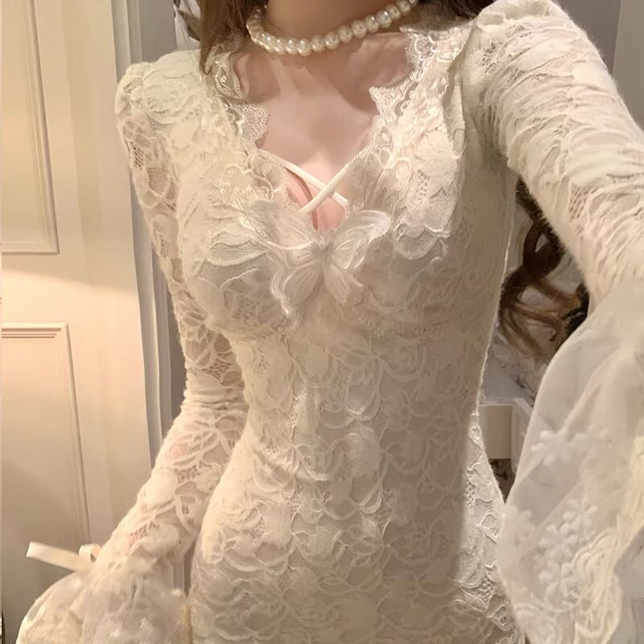 【dress】Vネックレースワンピース Q7734
