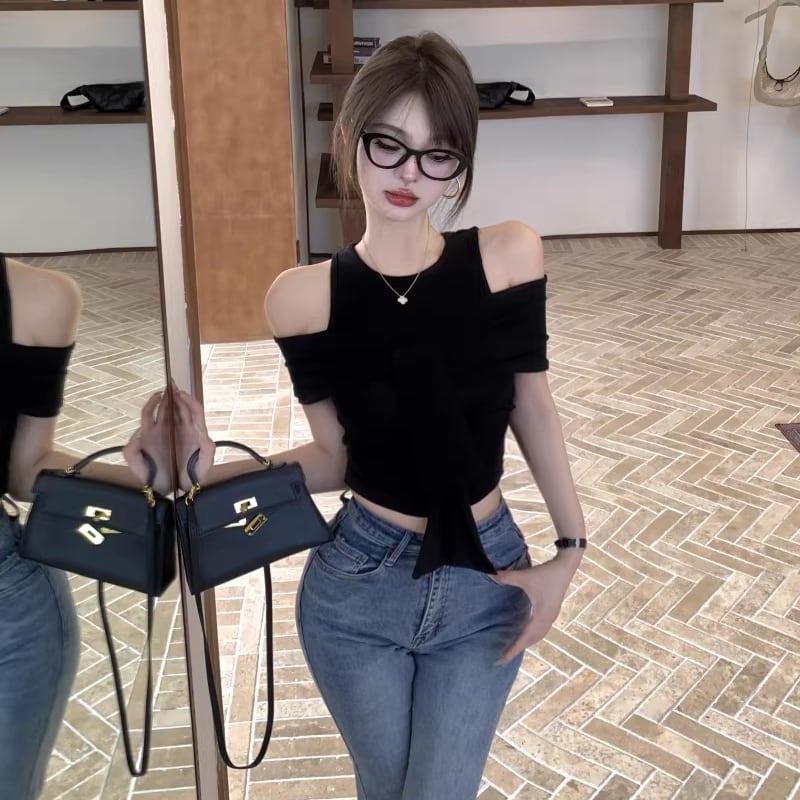 【tops】オープンショルダーフェイクレイヤードトップス Q8296