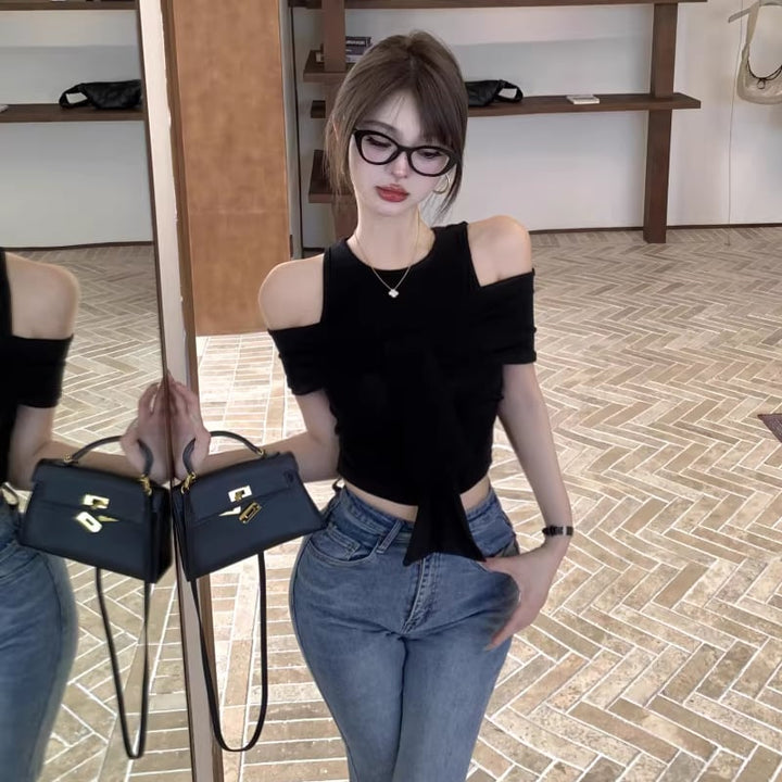 【tops】オープンショルダーフェイクレイヤードトップス Q8296