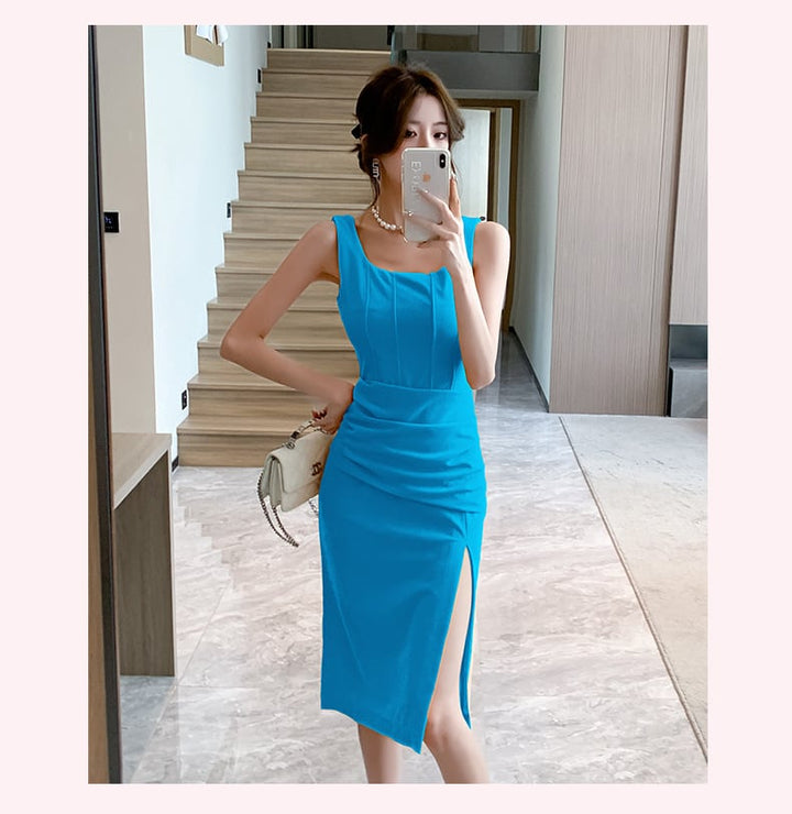 【dress】韓国系エレガントスリットキャミワンピース　M17097