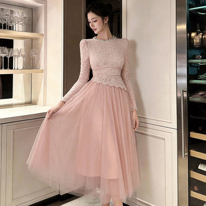 【dress】ビーズ付きレースドッキングワンピース Q8495