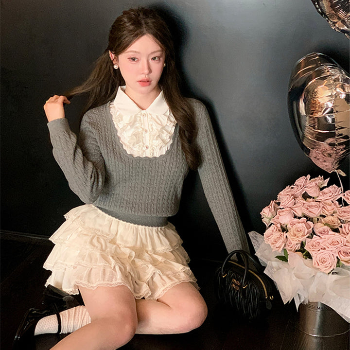 【tops】レースフリルドッキングニットトップス　N3362