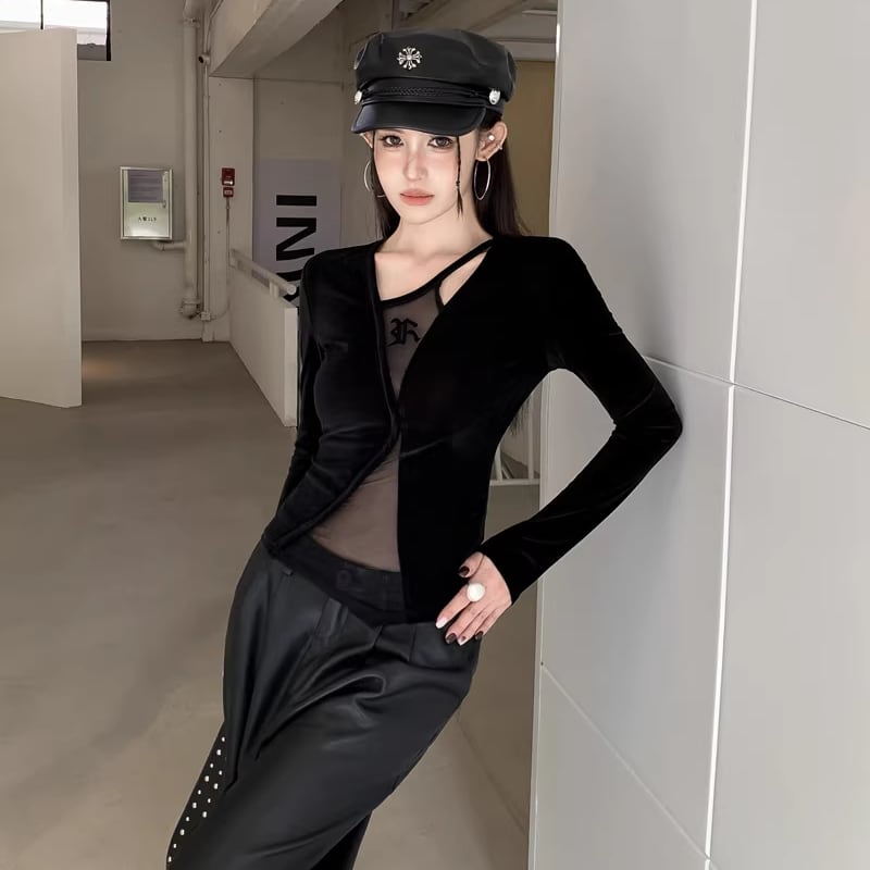 【tops】フェイクレイヤードチュールドッキングベルベットトップス Q8024