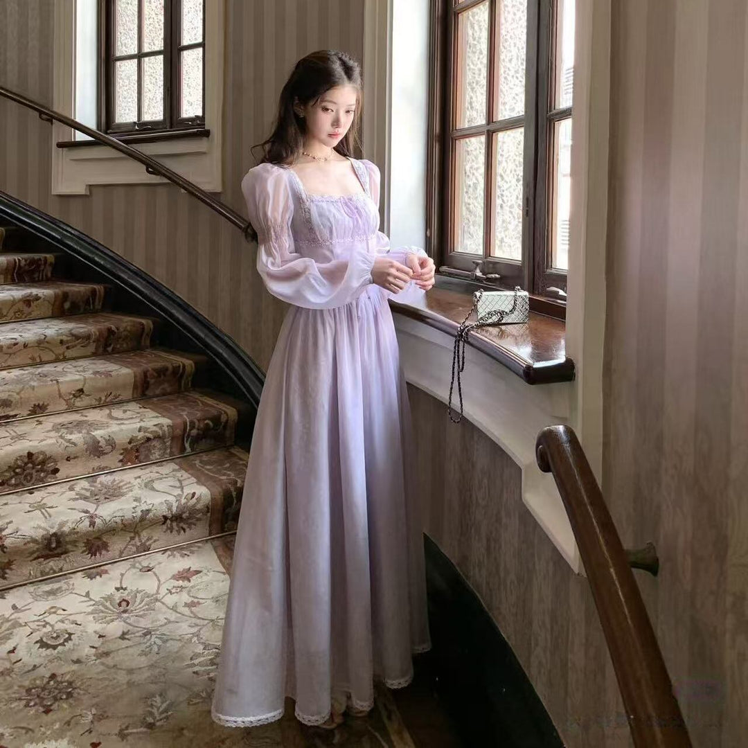 【dress】スクエアネックレースロングワンピース Q6388