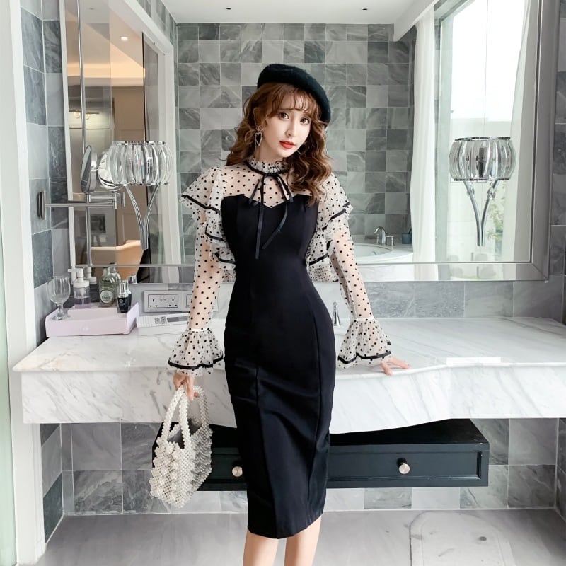 【dress】ドット柄ドッキングフリルワンピース　M18319