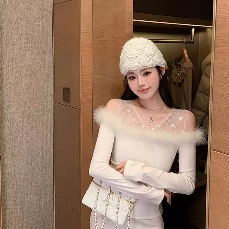【tops】ファー付きフェイクレイヤードトップス Q7840
