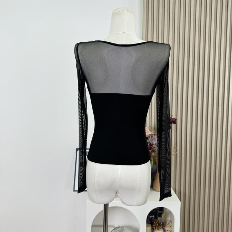 【tops】透け感チュールドッキングニットトップス Q7956