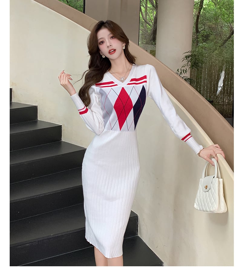 【dress】Vネックニットワンピース　M26546