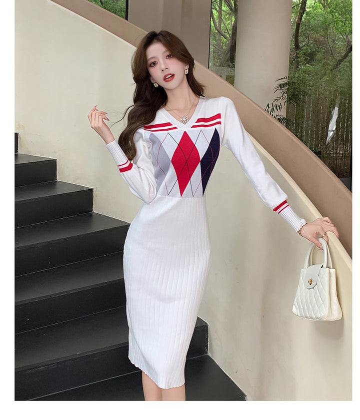 【dress】Vネックニットワンピース　M26546