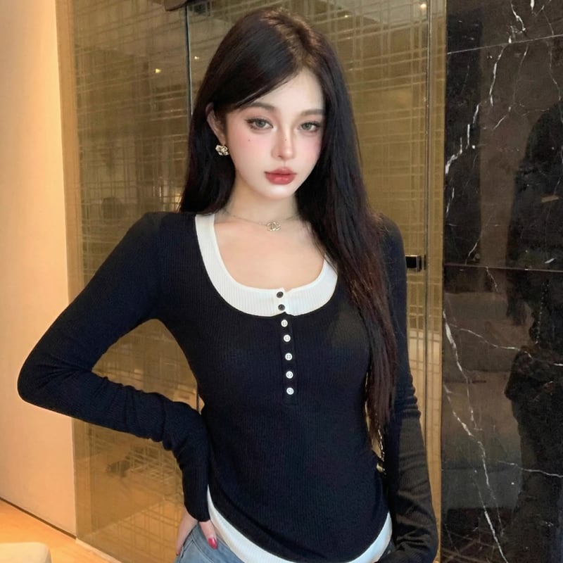【tops】フェイクレイヤードニットトップス Q8013