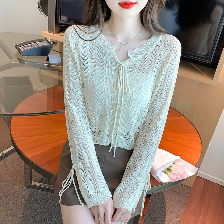【tops】優しい雰囲気カットワークニットトップスゆったり　M17087