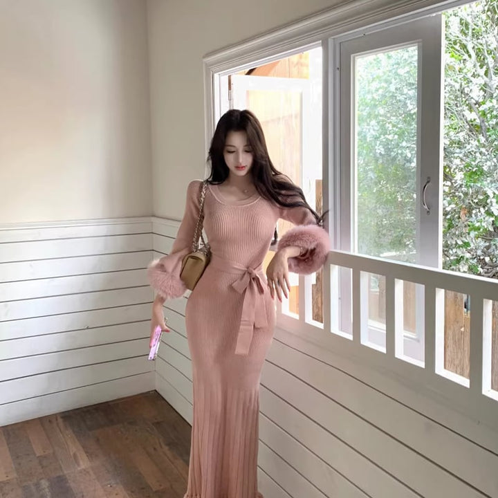 【dress】袖ファーロングニットワンピース Q7811