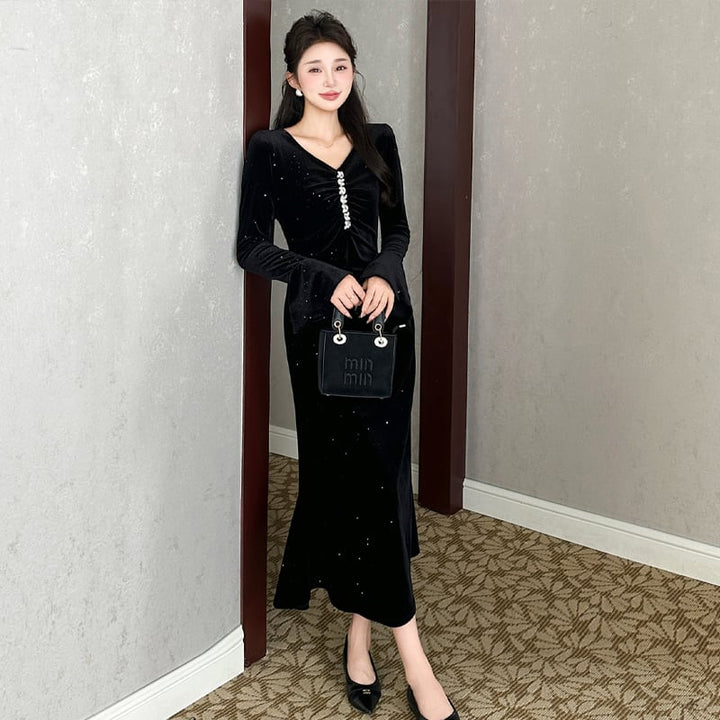 【dress】Vネックベルベットロングワンピース Q7502